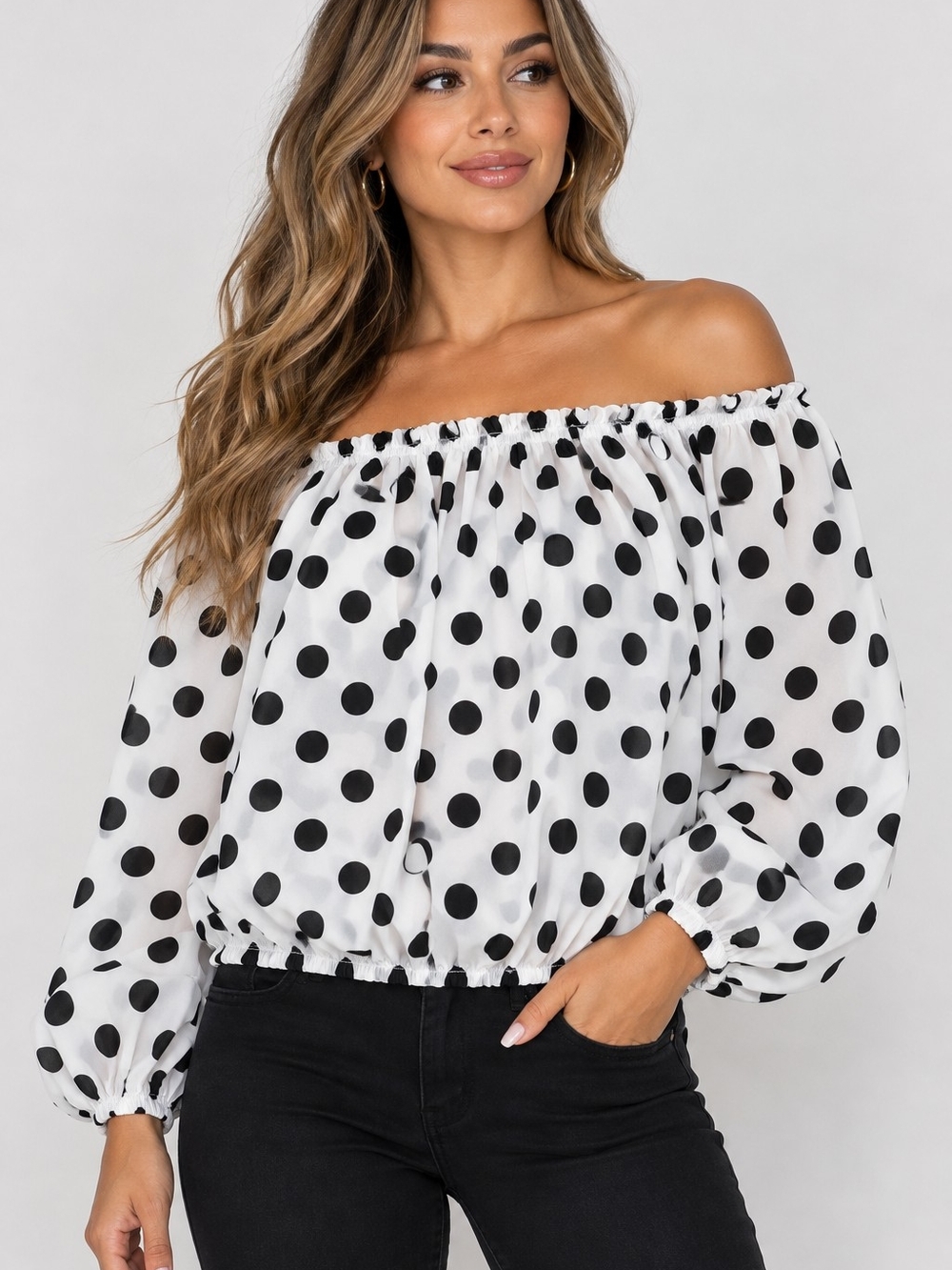 Polka Dot Off-Shoulder Blouse in White & Black